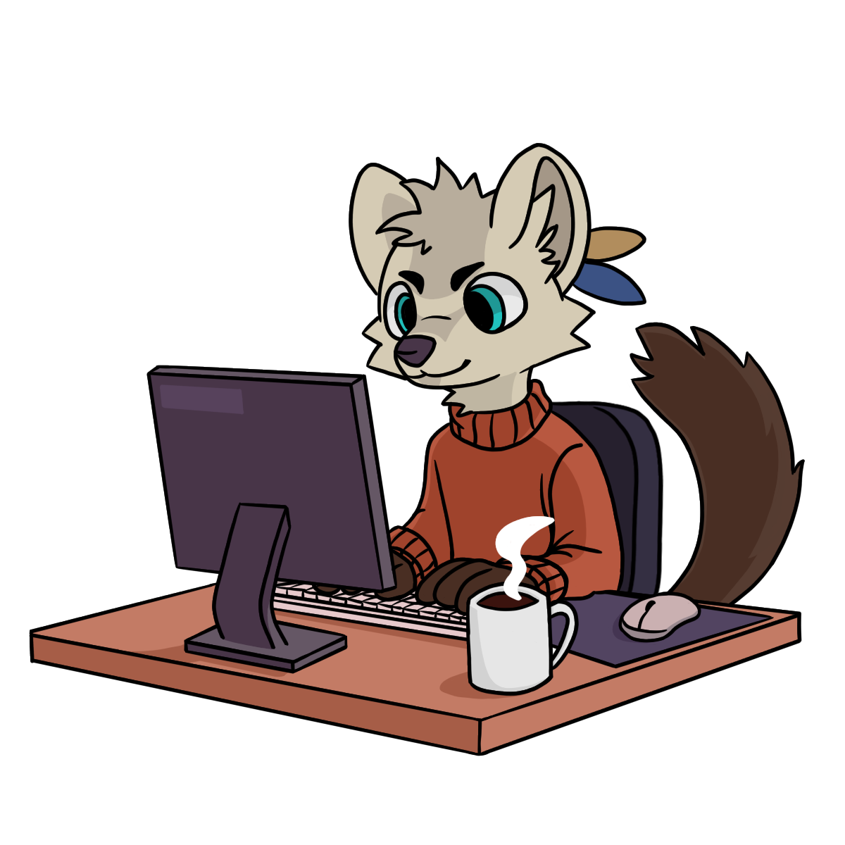 cartoon marten working at a desktop computer